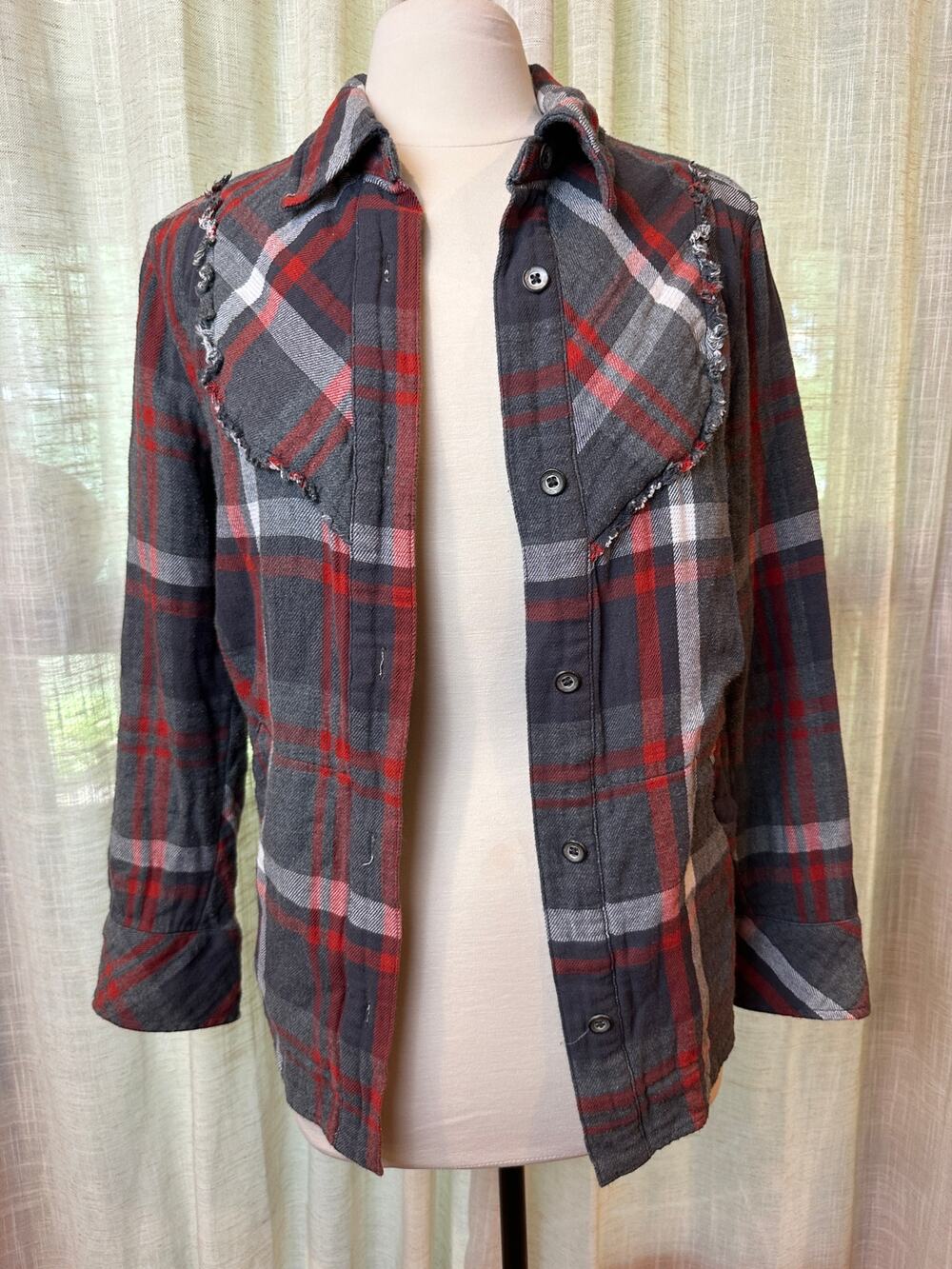 Cabi Women's Plaid Flannel Button Front Shirt Distressed Fringe Detail